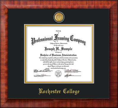 Image of Rochester College Diploma Frame - Mezzo Gloss - w/24k Gold-Plated Medallion - w/Rochester Name Embossing - Black on Gold mat