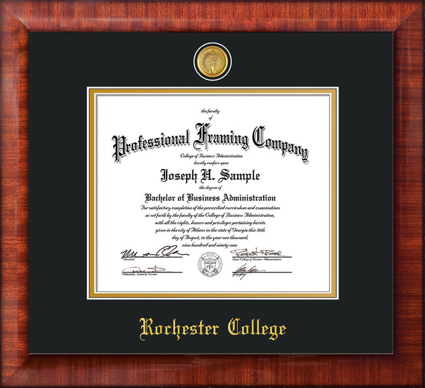 Image of Rochester College Diploma Frame - Mezzo Gloss - w/24k Gold-Plated Medallion - w/Rochester Name Embossing - Black on Gold mat