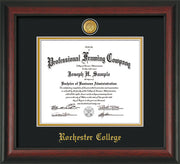 Image of Rochester College Diploma Frame - Rosewood - w/24k Gold-Plated Medallion - w/Rochester Name Embossing - Black on Gold mat