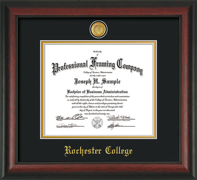 Image of Rochester College Diploma Frame - Rosewood - w/24k Gold-Plated Medallion - w/Rochester Name Embossing - Black on Gold mat