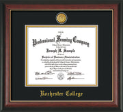Image of Rochester College Diploma Frame - Rosewood with Gold Lip - w/24k Gold-Plated Medallion - w/Rochester Name Embossing - Black on Gold mat