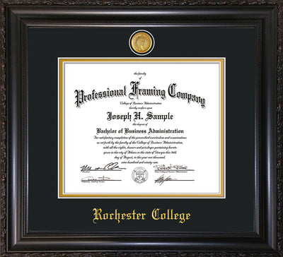 Image of Rochester College Diploma Frame - Vintage Black Scoop - w/24k Gold-Plated Medallion - w/Rochester Name Embossing - Black on Gold mat