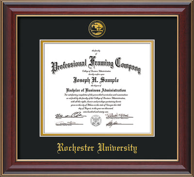 Image of Rochester University Diploma Frame - Cherry Lacquer - w/Embossed Rochester Seal and Name - Black on Gold mat