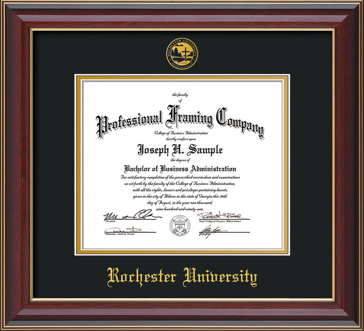 Image of Rochester University Diploma Frame - Cherry Lacquer - w/Embossed Rochester Seal and Name - Black on Gold mat