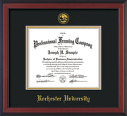Image of Rochester University Diploma Frame - Cherry Reverse - w/Embossed Rochester Seal and Name - Black on Gold mat