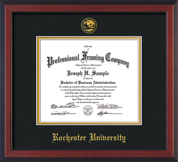 Image of Rochester University Diploma Frame - Cherry Reverse - w/Embossed Rochester Seal and Name - Black on Gold mat