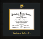 Image of Rochester University Diploma Frame - Flat Matte Black - w/Embossed Rochester Seal and Name - Black on Gold mat