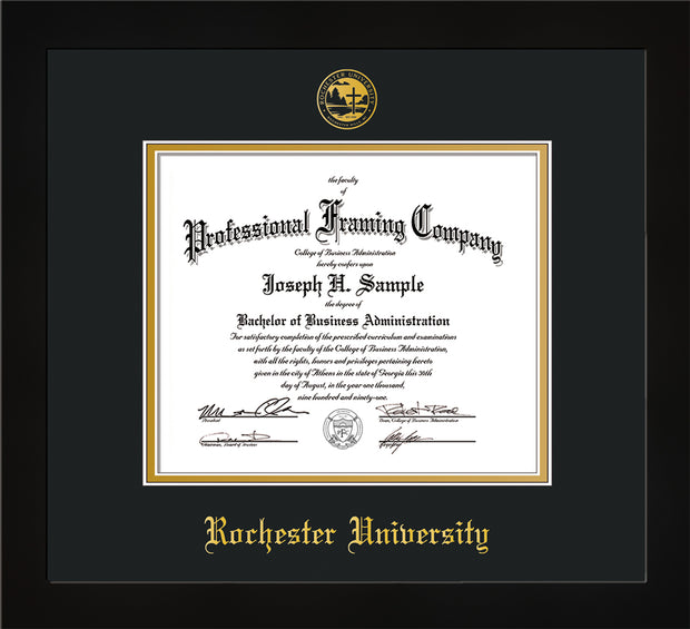 Image of Rochester University Diploma Frame - Flat Matte Black - w/Embossed Rochester Seal and Name - Black on Gold mat