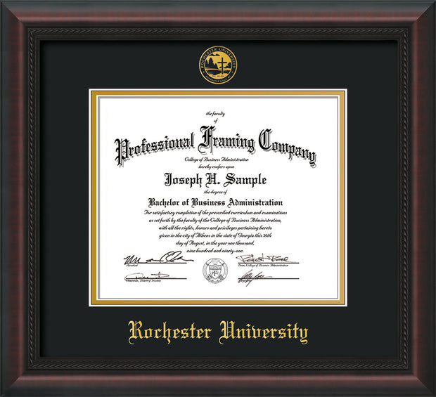 Image of Rochester University Diploma Frame - Mahogany Braid - w/Embossed Rochester Seal and Name - Black on Gold mat
