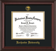 Image of Rochester University Diploma Frame - Mahogany Lacquer - w/Embossed Rochester Seal and Name - Black on Gold mat