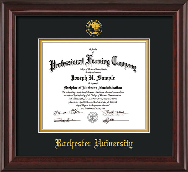 Image of Rochester University Diploma Frame - Mahogany Lacquer - w/Embossed Rochester Seal and Name - Black on Gold mat
