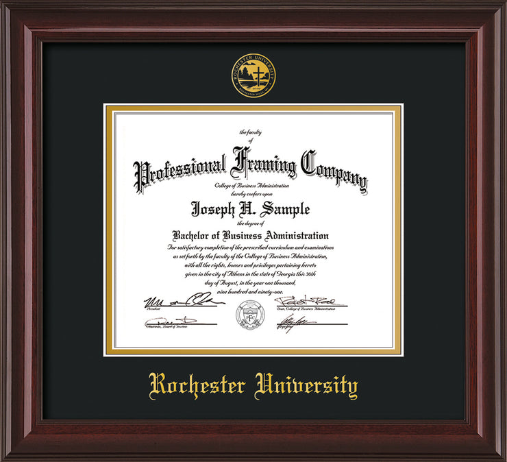 Image of Rochester University Diploma Frame - Mahogany Lacquer - w/Embossed Rochester Seal and Name - Black on Gold mat