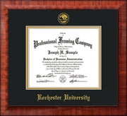 Image of Rochester University Diploma Frame - Mezzo Gloss - w/Embossed Rochester Seal and Name - Black on Gold mat