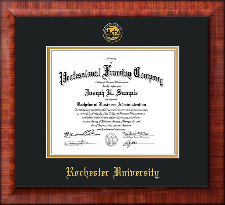 Image of Rochester University Diploma Frame - Mezzo Gloss - w/Embossed Rochester Seal and Name - Black on Gold mat
