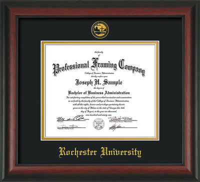 Rochester University Diploma Frame - Rosewood - w/Embossed Rochester Seal and Name - Black on Gold mat