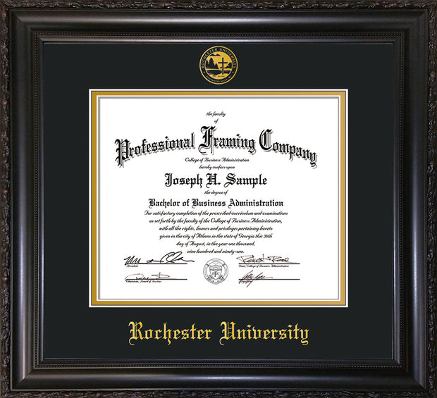 Image of Rochester University Diploma Frame - Vintage Black Scoop - w/Embossed Rochester Seal and Name - Black on Gold mat