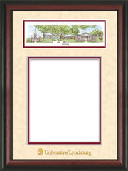 Image of University of Lynchburg Diploma Frame - Rosewood - w/Embossed School Name Only - Campus Collage - Cream Suede on Crimson mat