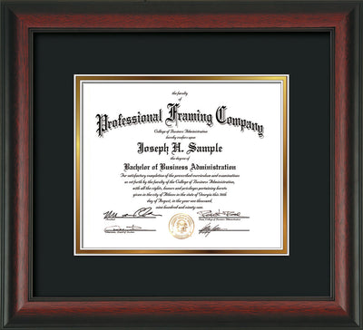 Horizontal view of the Rosewood Art and Document Frame with Black on Gold Mat