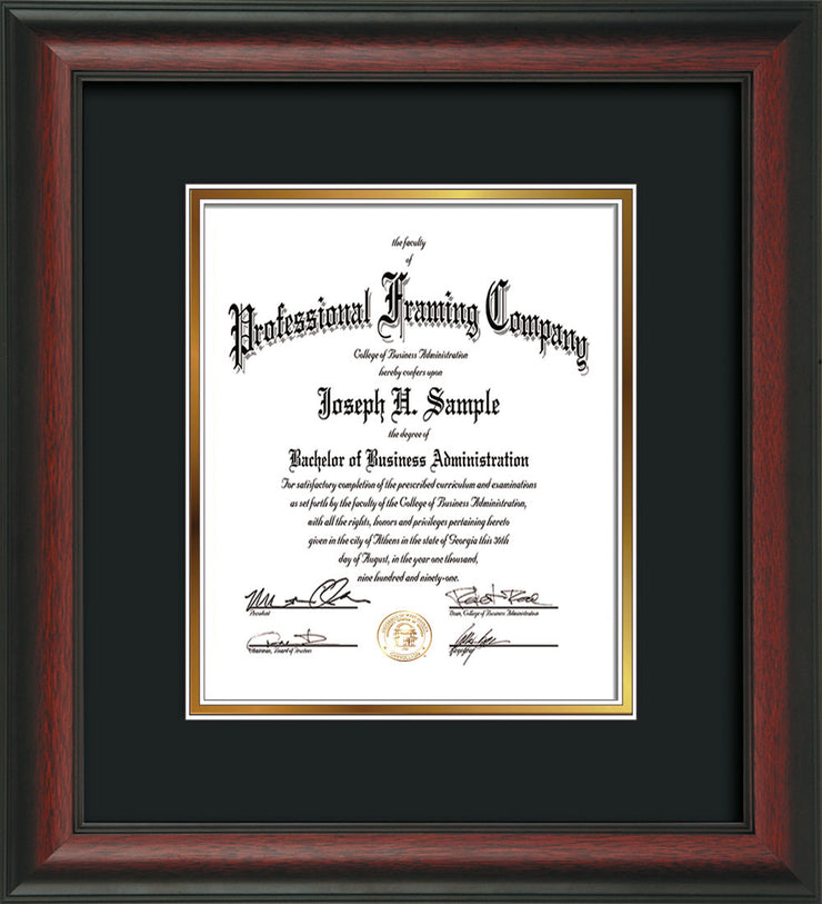 Vertical view of the Rosewood Art and Document Frame with Black on Gold Mat