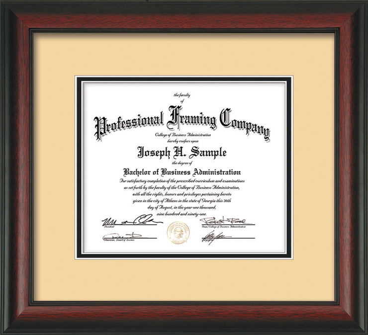 Horizontal image of the Custom Rosewood Art and Document Frame with Cream on Black Mat