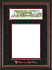 Image of University of Lynchburg Diploma Frame - Rosewood w/Gold Lip - w/Embossed School Name Only - Campus Collage - Black Suede on Crimson mat