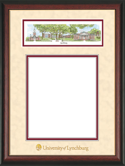 Image of University of Lynchburg Diploma Frame - Rosewood w/Gold Lip - w/Embossed School Name Only - Campus Collage - Cream Suede on Crimson mat