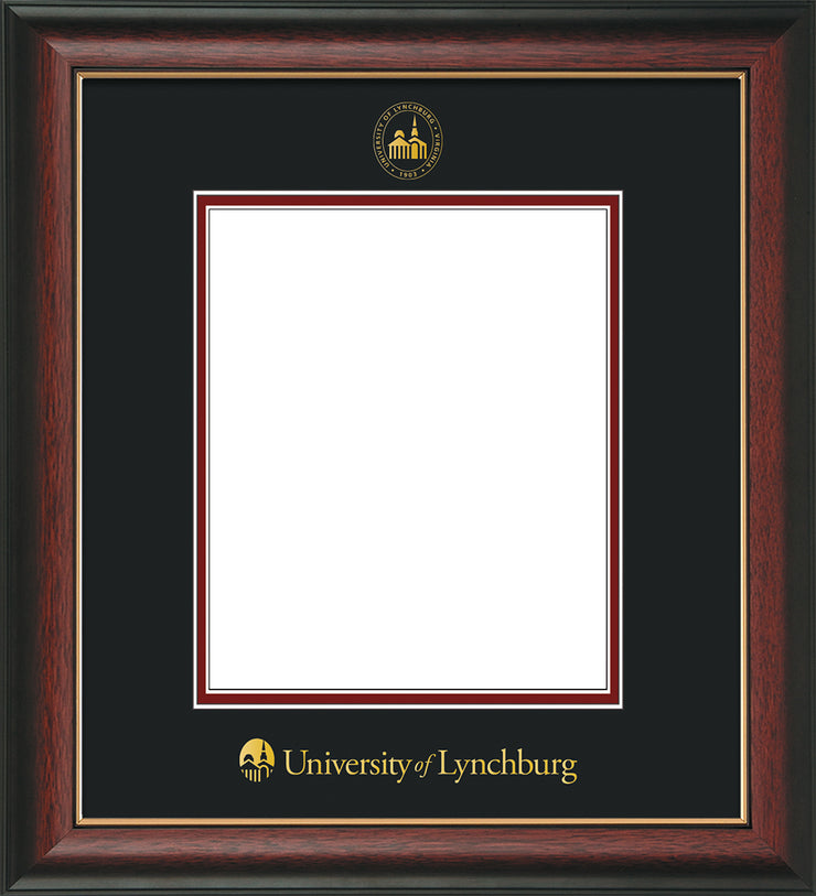 Image of University of Lynchburg Diploma Frame - Rosewood w/Gold Lip - w/Embossed UL Seal & Name - Black on Crimson mat