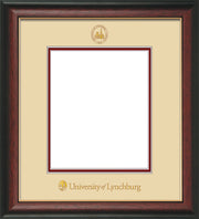 Image of University of Lynchburg Diploma Frame - Rosewood w/Gold Lip - w/Embossed UL Seal & Name - Cream on Crimson mat