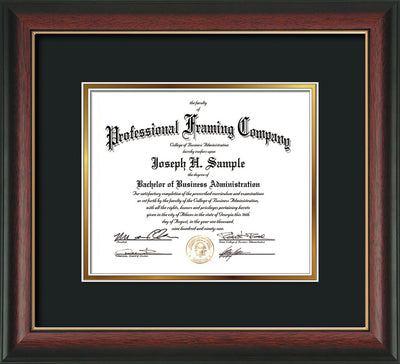 Horizontal view of the Rosewood with Gold Lip Art and Document Frame with Black on Gold Mat