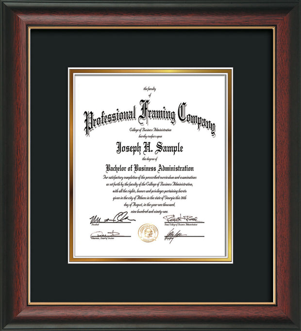 Vertical view of the Rosewood with Gold Lip Art and Document Frame with Black on Gold Mat