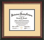 Horizontal view of the Custom Rosewood with Gold Lip Art and Document Frame with Cream on Black mat