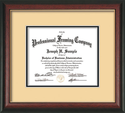 Horizontal view of the Custom Rosewood with Gold Lip Art and Document Frame with Cream on Black mat