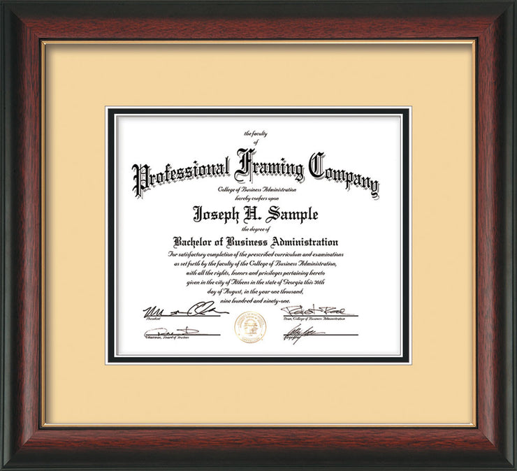 Horizontal view of the Custom Rosewood with Gold Lip Art and Document Frame with Cream on Black mat