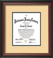 Vertical image of the Custom Rosewood with Gold Lip Art and Document Frame with Cream on Black mat