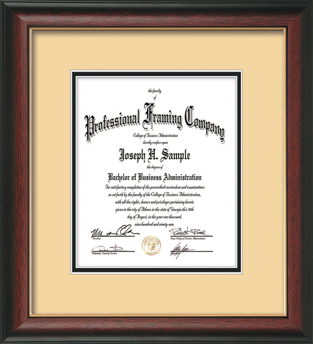 Vertical image of the Custom Rosewood with Gold Lip Art and Document Frame with Cream on Black mat