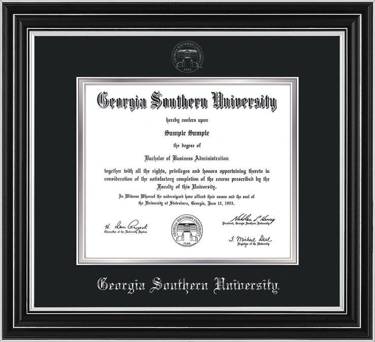 Image of Georgia Southern University Diploma Frame - Satin Silver - w/Silver Embossed Seal & Name - Black on Silver mat