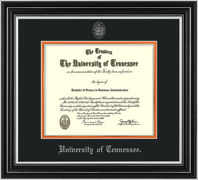 Image of University of Tennessee Diploma Frame - Satin Silver - w/Embossed UTK Seal & Name - Silver Embossing - Black on Orange Mat