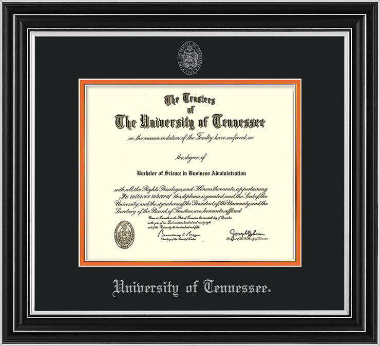 Image of University of Tennessee Diploma Frame - Satin Silver - w/Embossed UTK Seal & Name - Silver Embossing - Black on Orange Mat