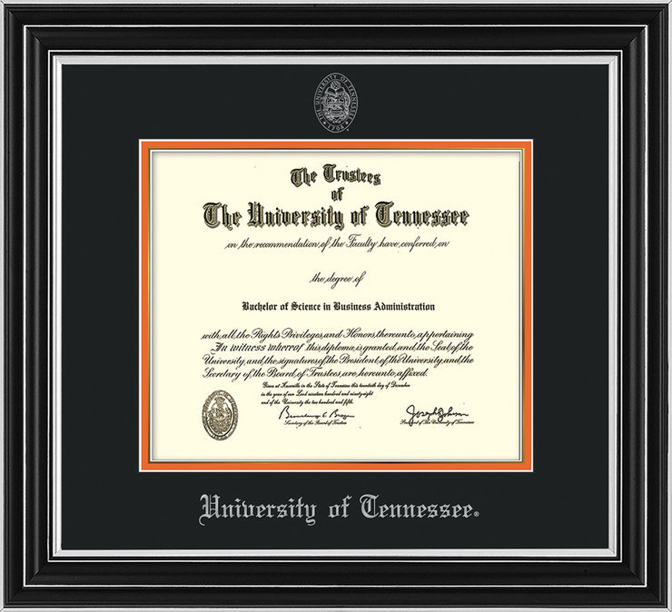 Image of University of Tennessee Diploma Frame - Satin Silver - w/Embossed UTK Seal & Name - Silver Embossing - Black on Orange Mat