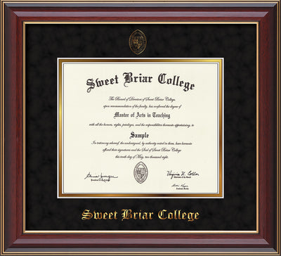 Sweet Briar College Diploma Frame - Cherry Lacquer - w/Embossed SBC Seal & Name - Black Suede on Gold mat
