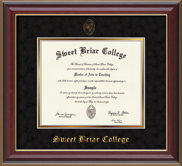 Sweet Briar College Diploma Frame - Cherry Lacquer - w/Embossed SBC Seal & Name - Black Suede on Gold mat