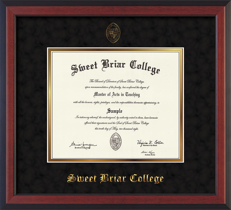 Image of Sweet Briar College Diploma Frame - Cherry Reverse - w/Embossed SBC Seal & Name - Black Suede on Gold mat