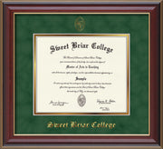 Image of Sweet Briar College Diploma Frame - Cherry Lacquer - w/Embossed SBC Seal & Name - Green Suede on Gold mat