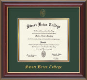 Image of Sweet Briar College Diploma Frame - Cherry Lacquer - w/Embossed SBC Seal & Name - Green on Gold mat