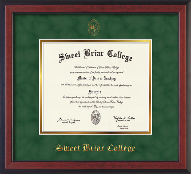 Image of Sweet Briar College Diploma Frame - Cherry Reverse - w/Embossed SBC Seal & Name - Green Suede on Gold mat