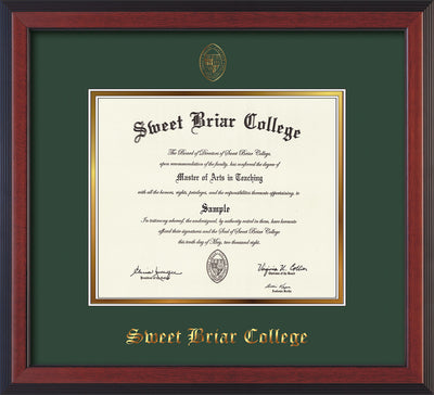 Image of Sweet Briar College Diploma Frame - Cherry Reverse - w/Embossed SBC Seal & Name - Green on Gold mat