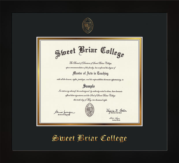 Image of Sweet Briar College Diploma Frame - Flat Matte Black - w/Embossed SBC Seal & Name - Black on Gold mat