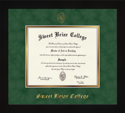Image of Sweet Briar College Diploma Frame - Flat Matte Black - w/Embossed SBC Seal & Name - Green Suede on Gold mat