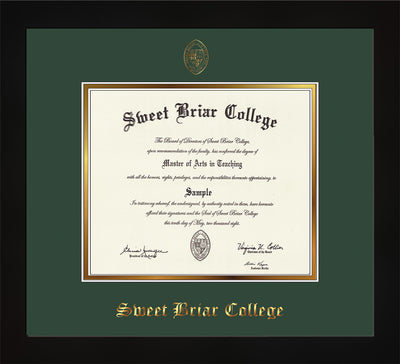 Image of Sweet Briar College Diploma Frame - Flat Matte Black - w/Embossed SBC Seal & Name - Green on Gold mat