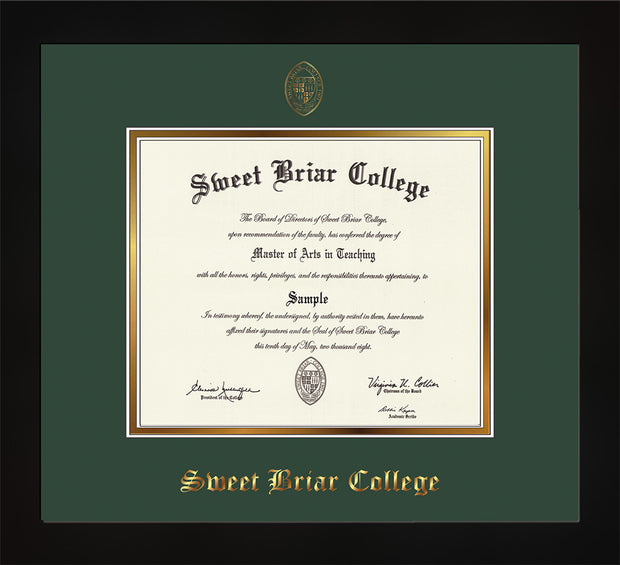 Image of Sweet Briar College Diploma Frame - Flat Matte Black - w/Embossed SBC Seal & Name - Green on Gold mat